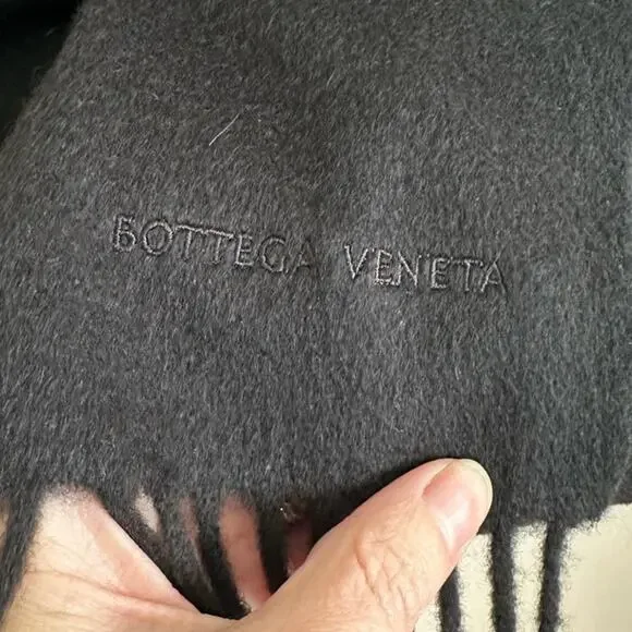 Bottega Veneta Logo Stamped Scarf Black Wool Cashmere Fringe Ends